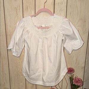 New York & Company White Smocked Square-Neck Eyelet Sleeve Blouse